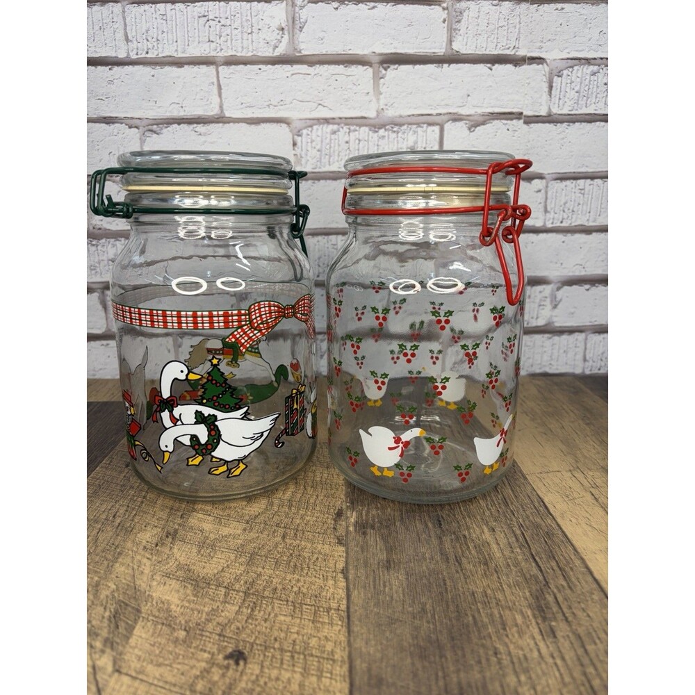 2 Christmas Goose Canisters Anchor Hocking Latching Lid Jars No. 9 Geese